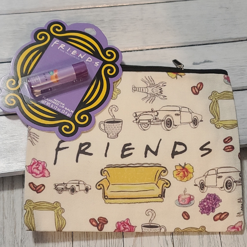 Friends Themed Pouch Bag And Central Perk Mocha Flavor Lip Balm Bundle NWT
